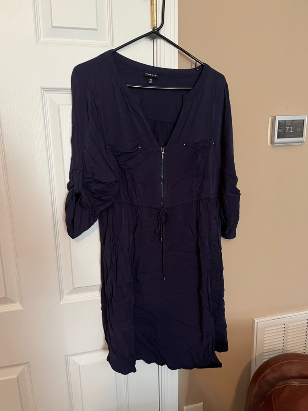 Navy blue Zip-Front Drawstring Tunic Dress
